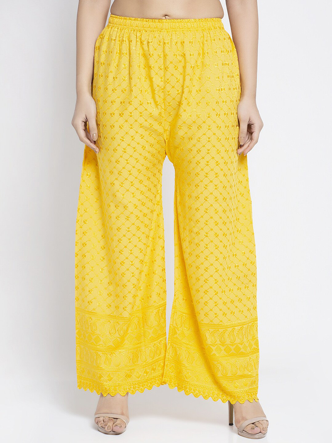 

Jinfo Women Yellow Floral Chikankari Embroidered Flared Knitted Palazzos