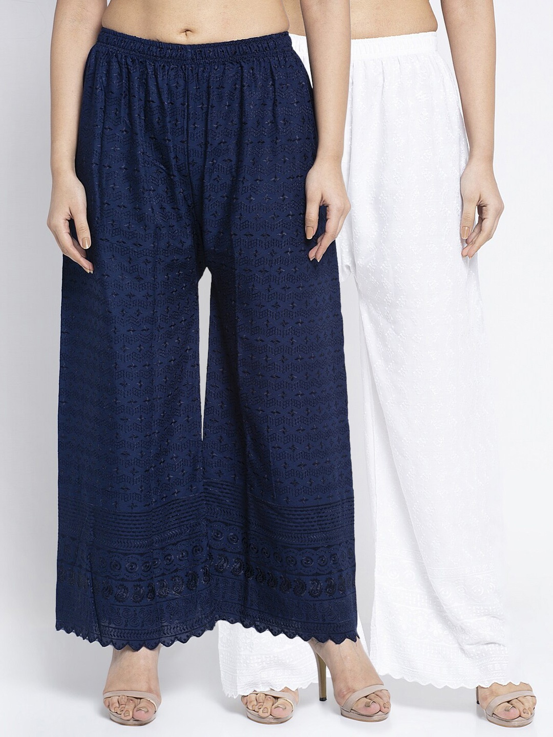

Jinfo Women White & Navy Blue 2 Ethnic Motifs Embroidered Flared Ethnic Palazzos