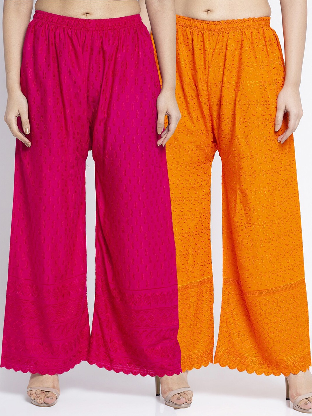 

Jinfo Women Set Of 2 Pink & Orange Embroidered Flared Palazzos