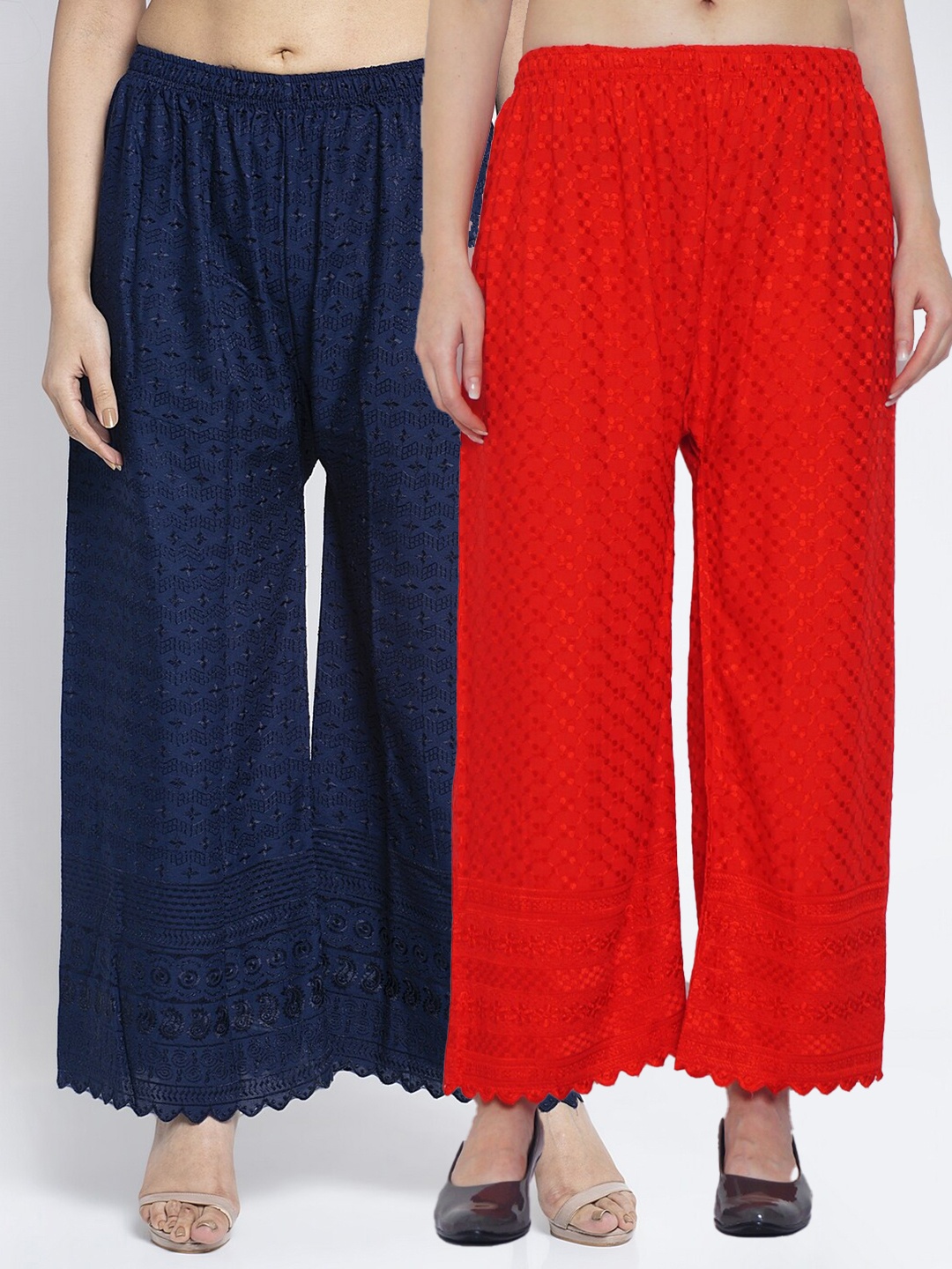 

Jinfo Women Pack Of 2 Embroidered Flared Knitted Ethnic Cotton Palazzos, Red