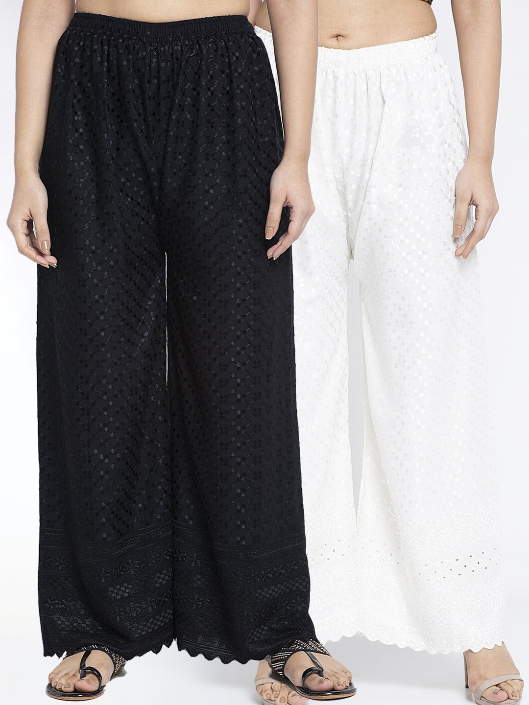 

Jinfo Women Pack of 2 Printed Flared Knitted Palazzos, Black