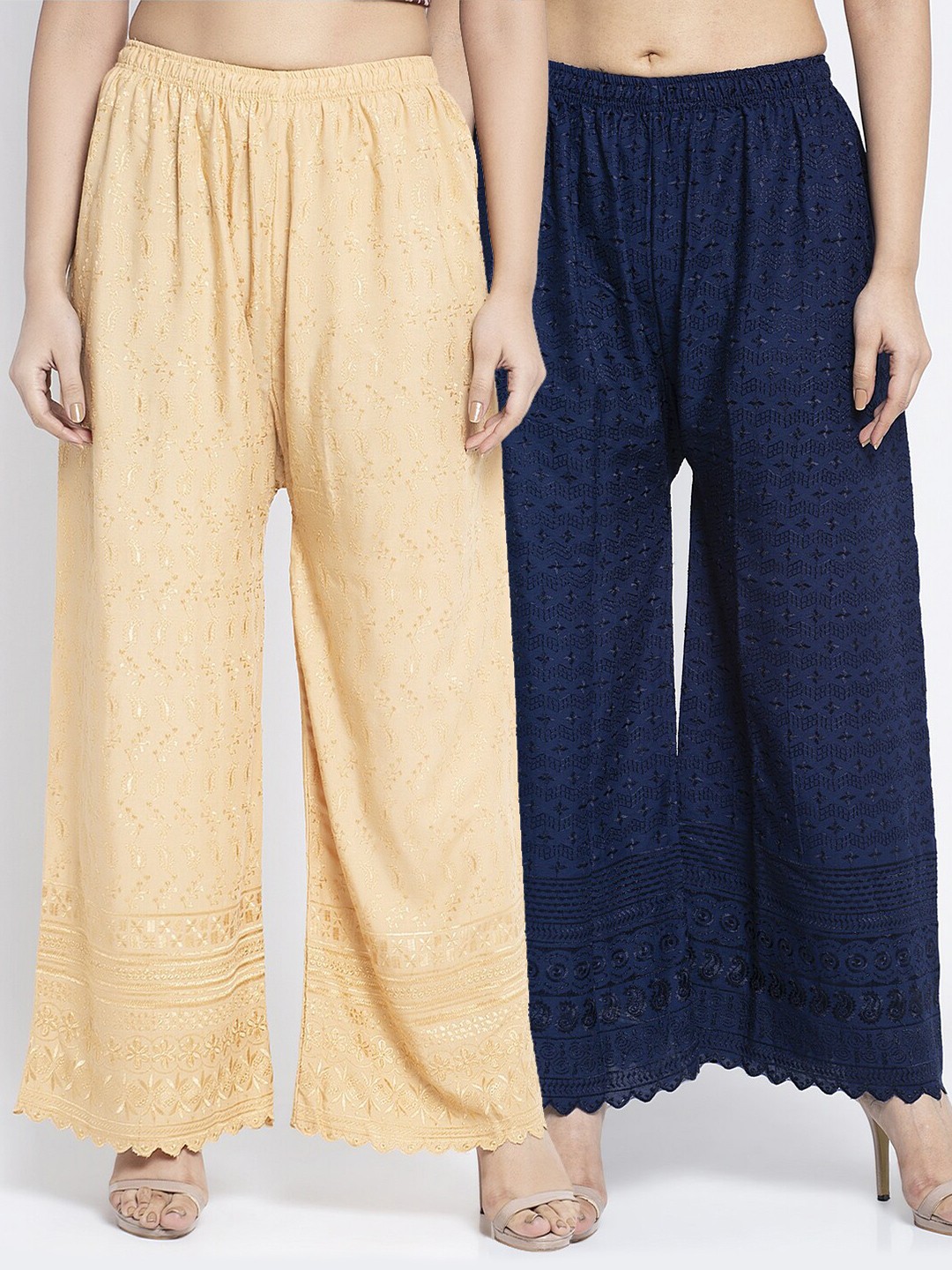 

Jinfo Women Pack Of 2 Beige & Navy Blue Chikankari Embroidered Flared Knitted Palazzos