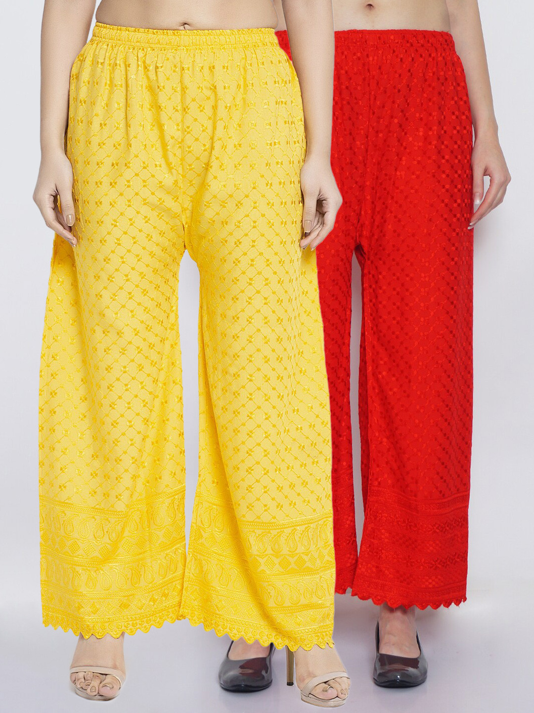 

Jinfo Women Pack of 2 Red & Yellow Chikankari Embroidered Cotton Ethnic Palazzos