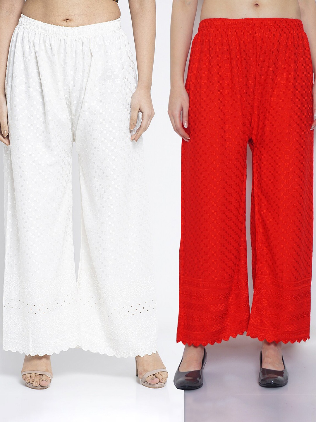

Jinfo Women Set Of 2 Red & Off White Embroidered Flared Palazzos