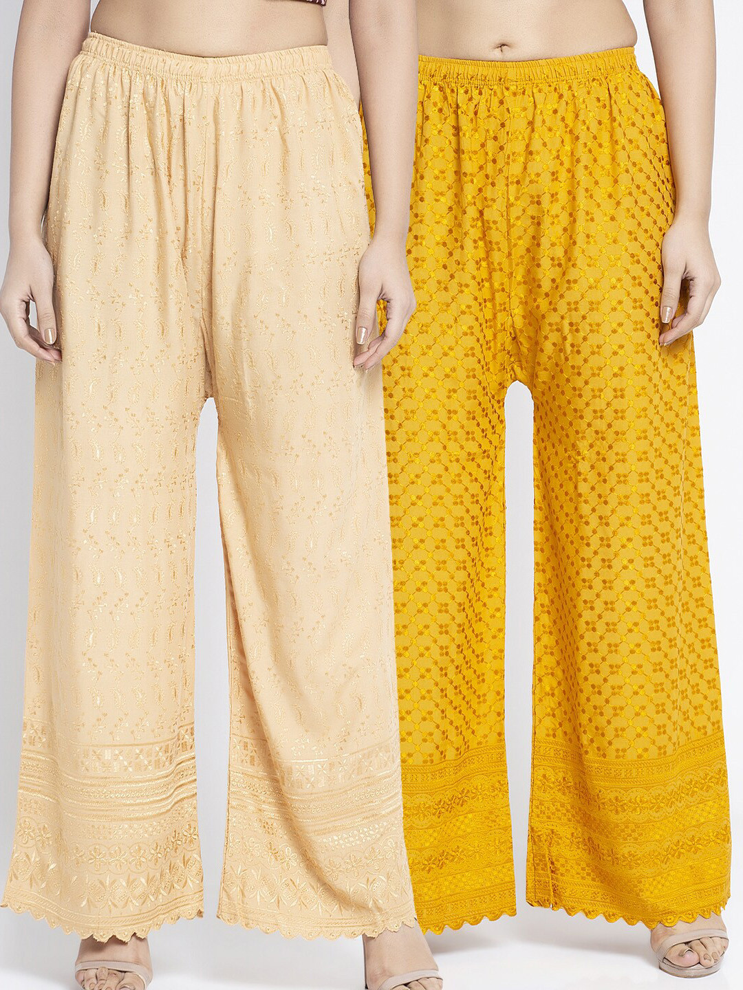 

Jinfo Women Pack Of 2 Beige & Gold-Toned Chikankari Flared Cotton Knitted Palazzos