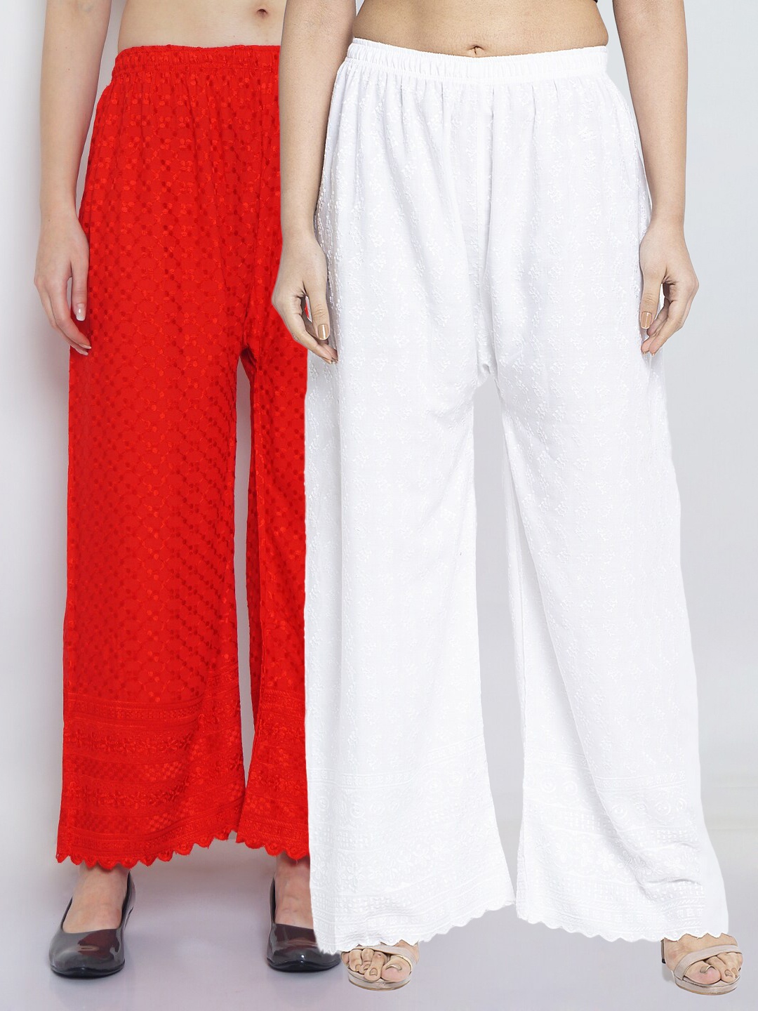 

Jinfo Women White & Red 2 Ethnic Motifs Embroidered Flared Knitted Ethnic Palazzos