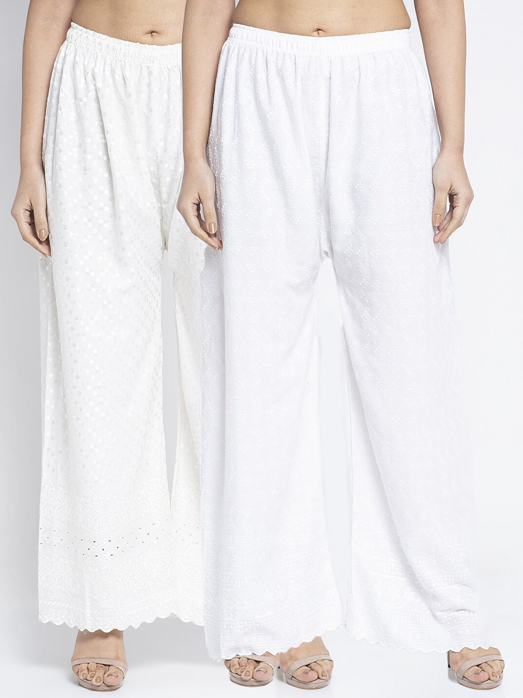 

Jinfo Women Set Of 2 White & Off White Embroidered Flared Palazzos