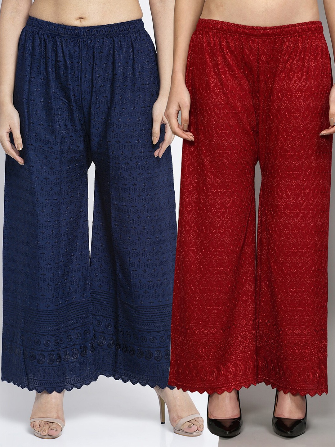 

Jinfo Women Pack Of 2 Maroon & Navy Blue Floral Embroidered Flared Knitted Palazzos