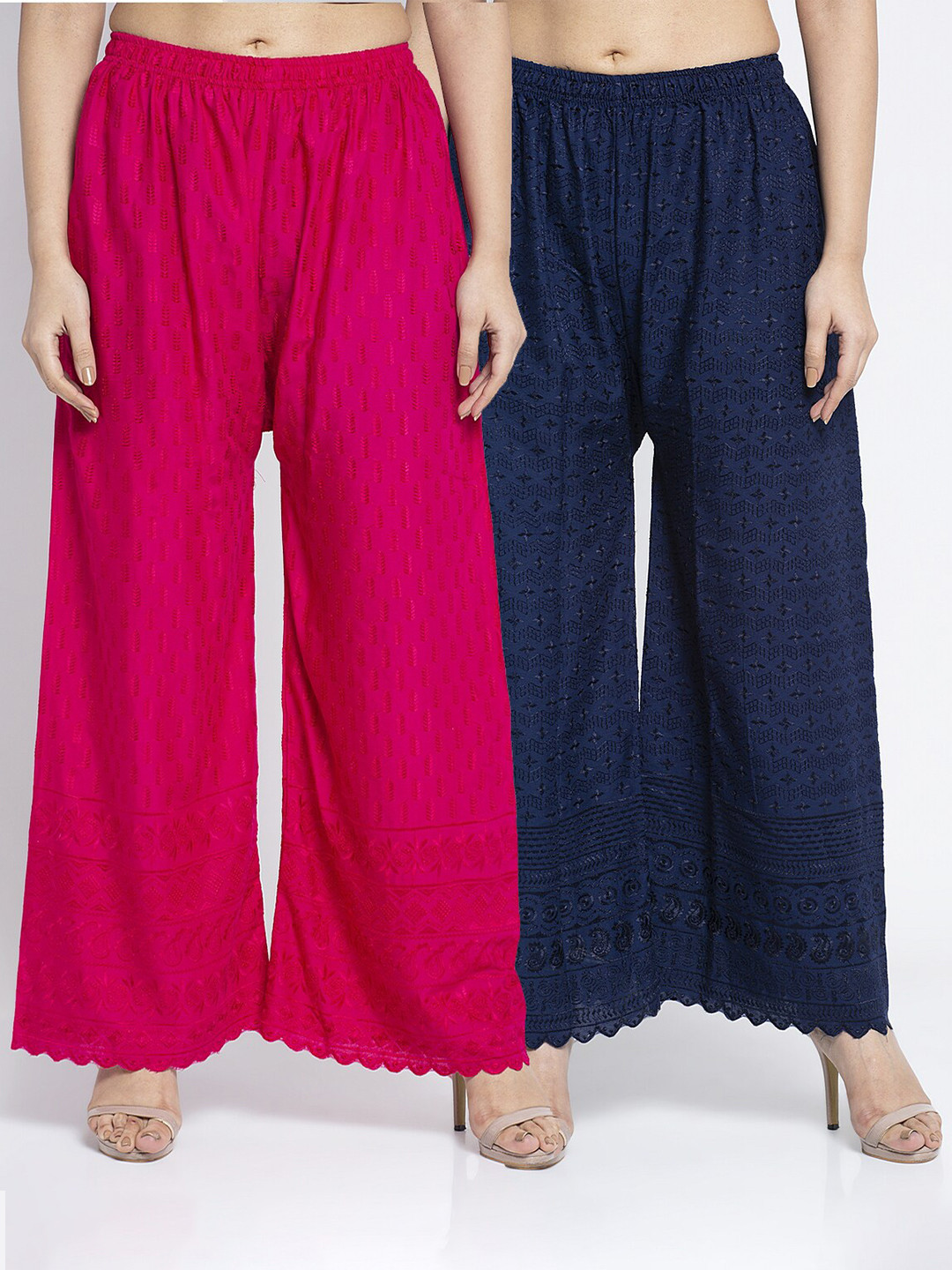

Jinfo Women Pack Of 2 Embroidered Flared Knitted Ethnic Cotton Palazzos, Pink