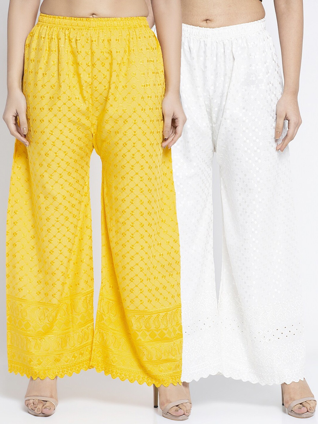 

Jinfo Women Pack of 2 Printed Flared Cotton Knitted Palazzos, Yellow