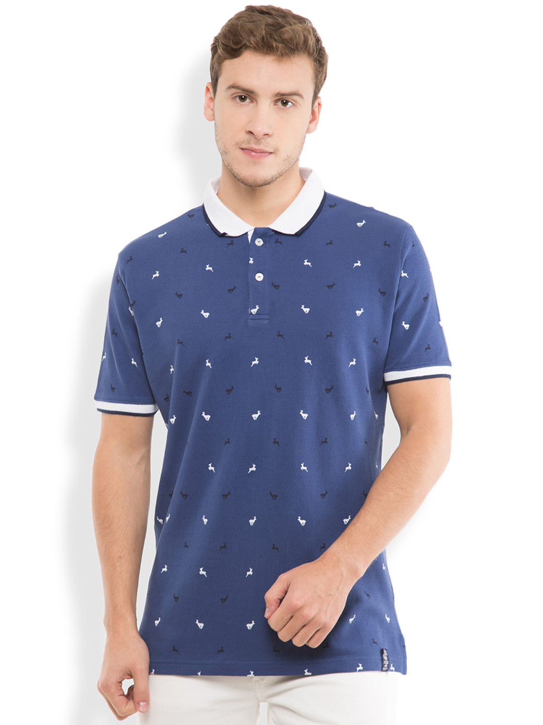 

LOCOMOTIVE Men Blue Printed Slim Fit Polo Pure Cotton T-shirt