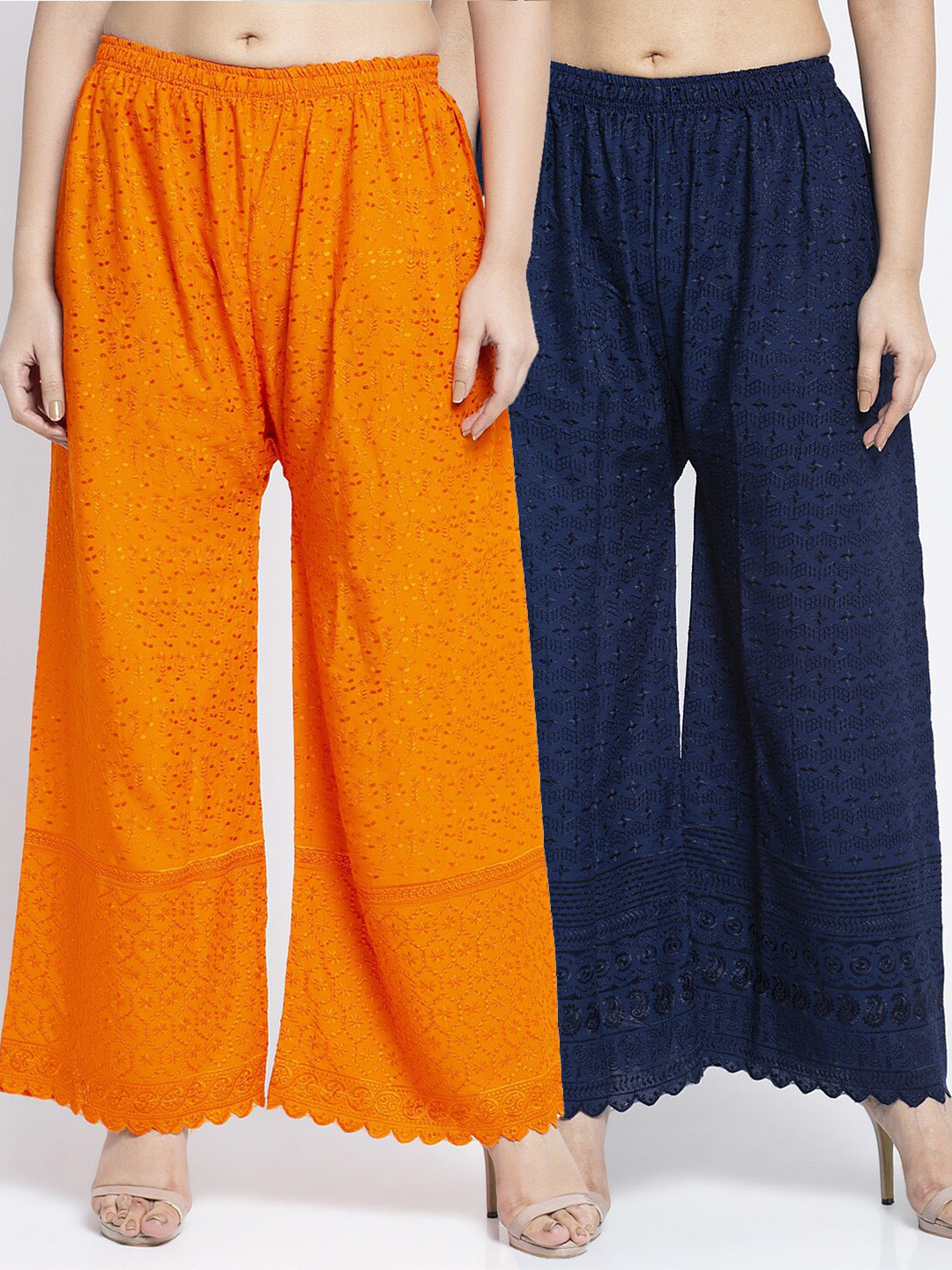 

Jinfo Women Pack Of 2 Orange & Navy Blue Chikankari Embroidered Cotton Ethnic Palazzos