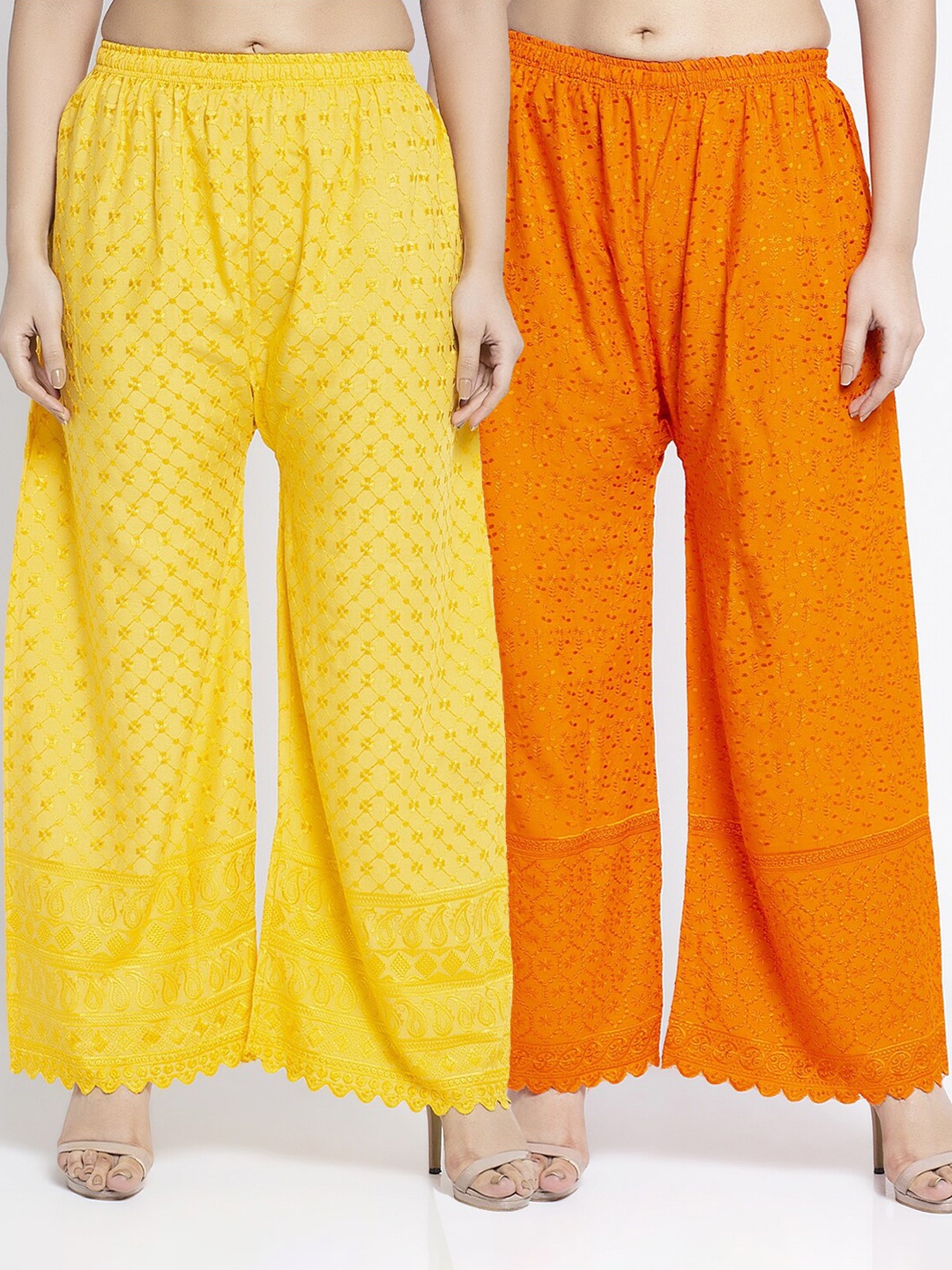 

Jinfo Women Pack Of 2 Yellow & Orange Floral Embroidered Flared Knitted Palazzos