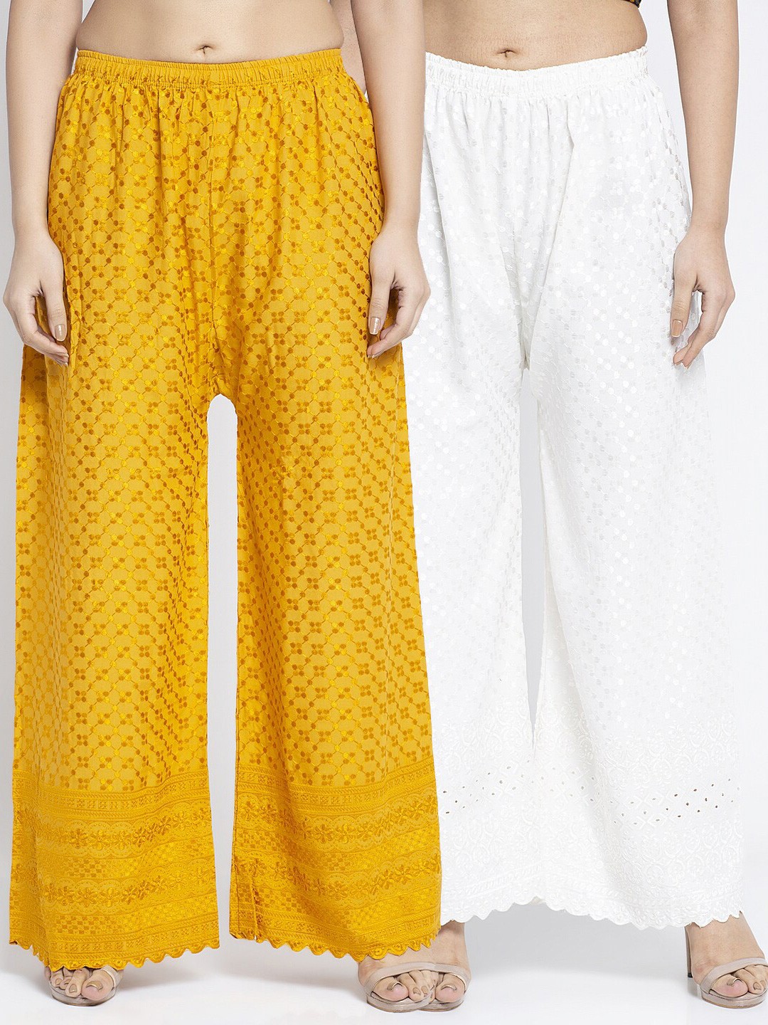 

Jinfo Pack Of 2 Embroidered Flared Cotton Ethnic Palazzos, Gold