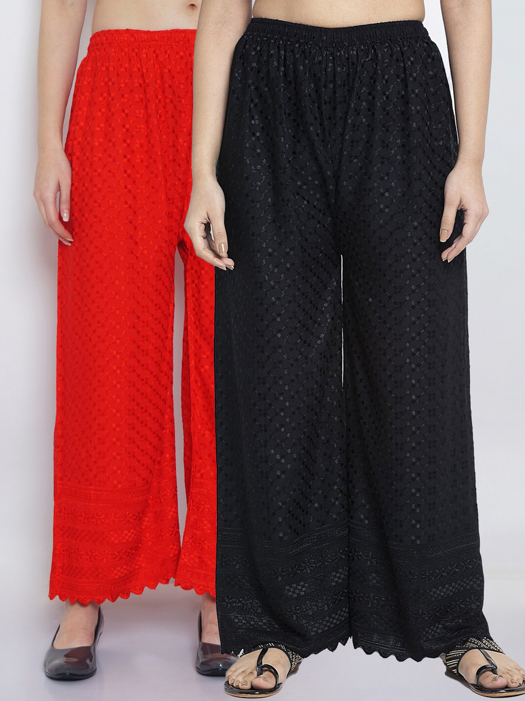 

Jinfo Women Pack Of 2 Black & Red Chikankari Embroidered Flared Cotton Ethnic Palazzos