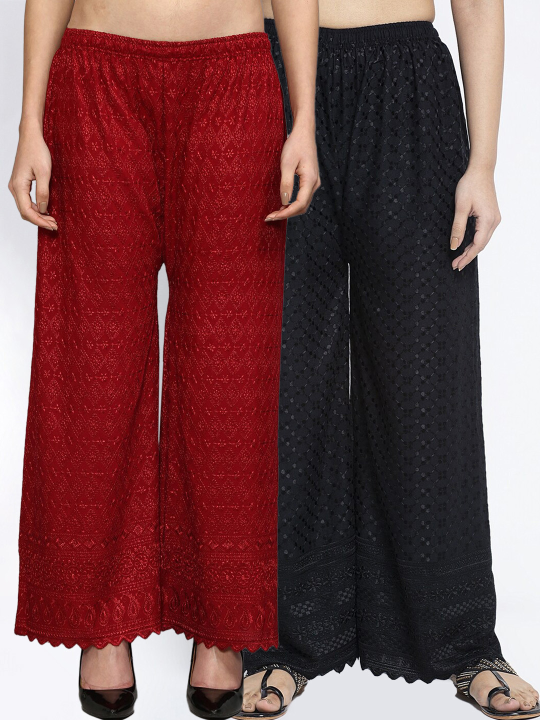 

Jinfo Women Pack Of 2 Black & Maroon Ethnic Motifs Embroidered Flared Knitted Palazzos