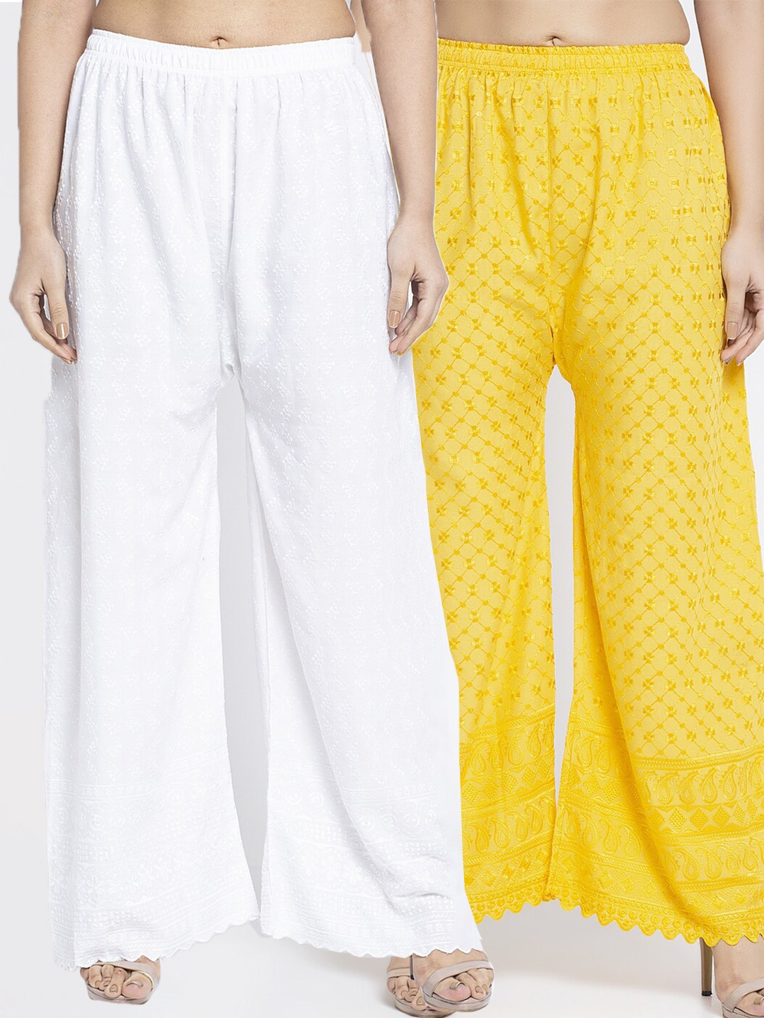 

Jinfo Women Pack of 2 White & Yellow Embroidered Cotton Ethnic Palazzos