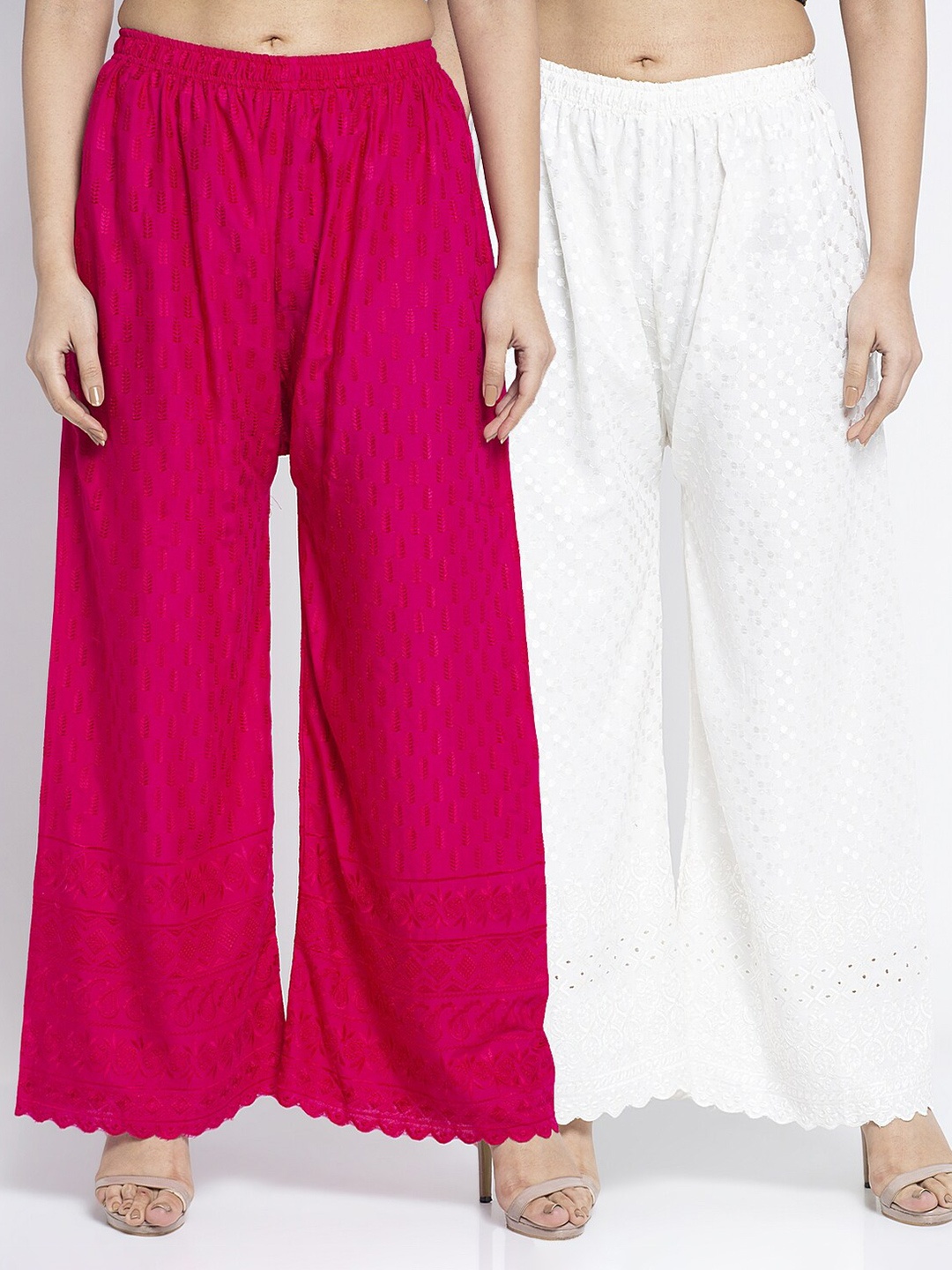 

Jinfo Women Set Of 2 Pink & Off White Embroidered Flared Palazzos