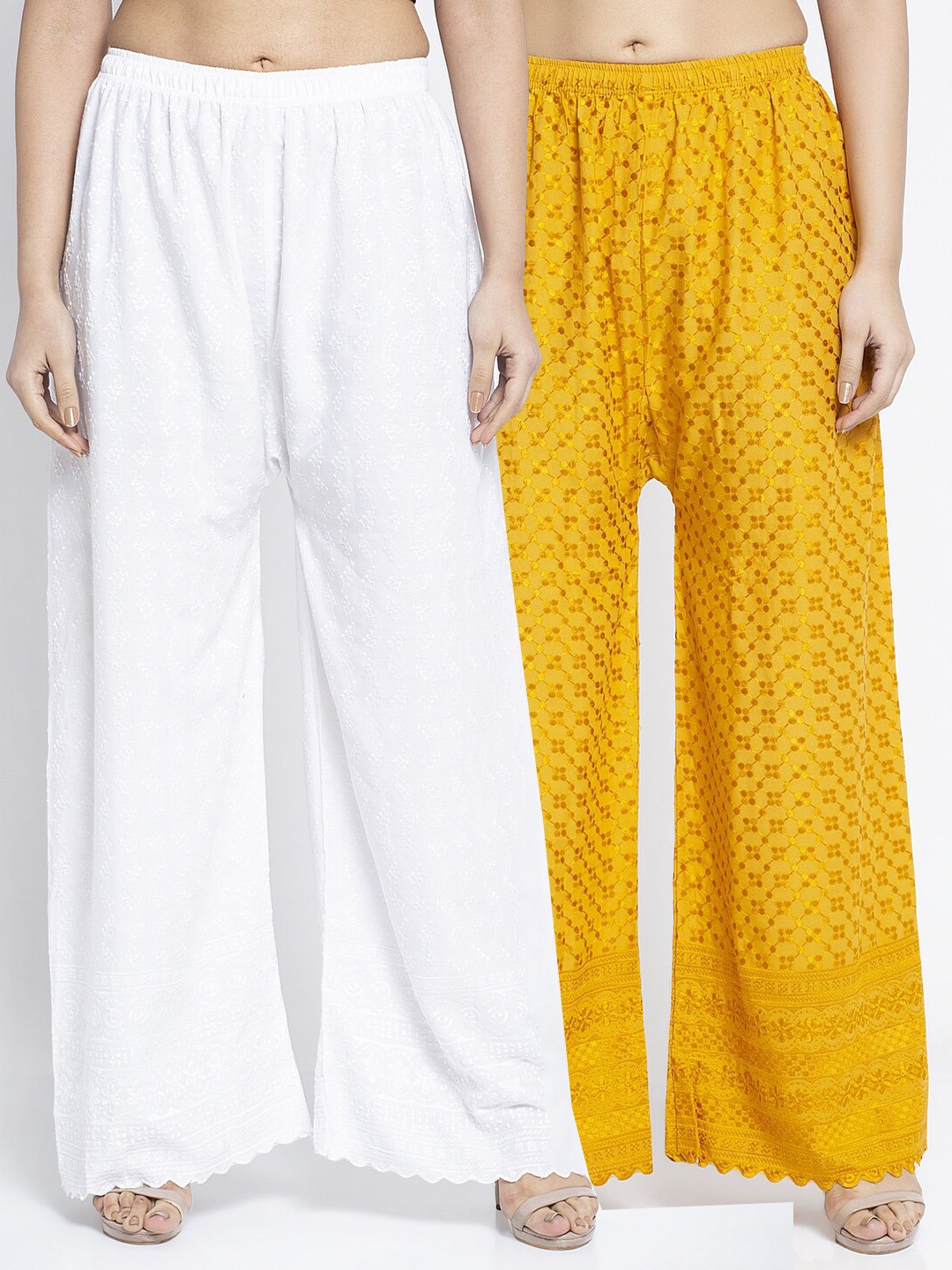 

Jinfo Women Pack of 2 Printed Flared Cotton Knitted Palazzos, White