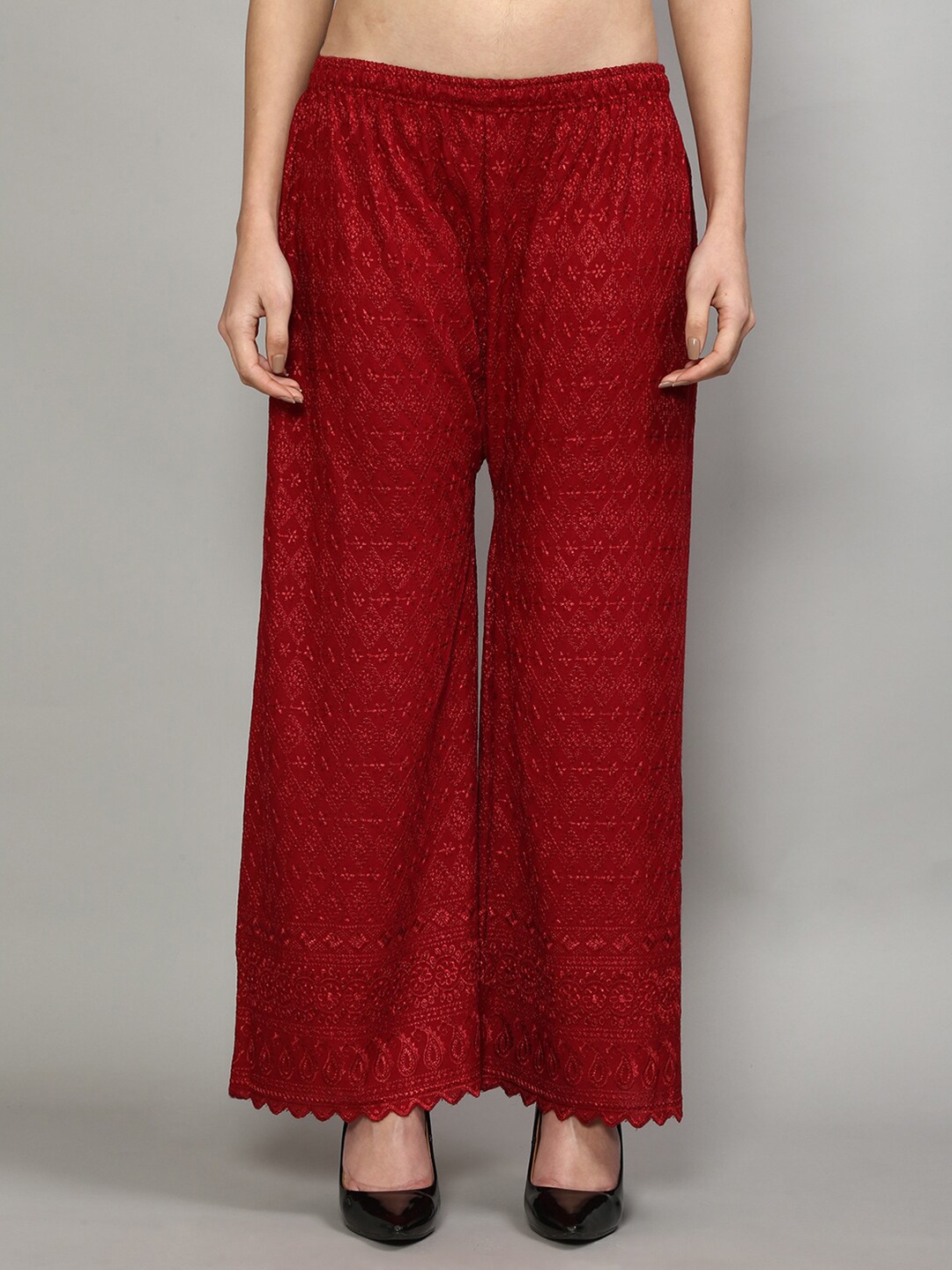 

Jinfo Floral Embroidered Flared Cotton Ethnic Palazzos, Maroon