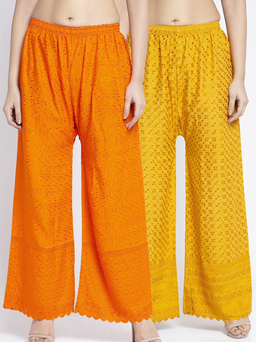 

Jinfo Women Pack Of 2 Orange & Gold-Toned Floral Embroidered Flared Knitted Palazzos