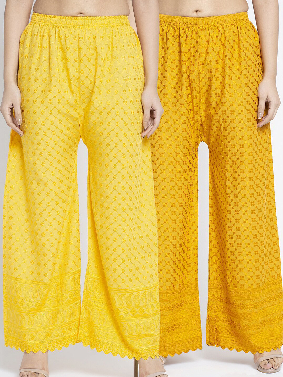

Jinfo Women Pack Of 2 Yellow & Gold-Toned Ethnic Motifs Embroidered Flared Palazzos