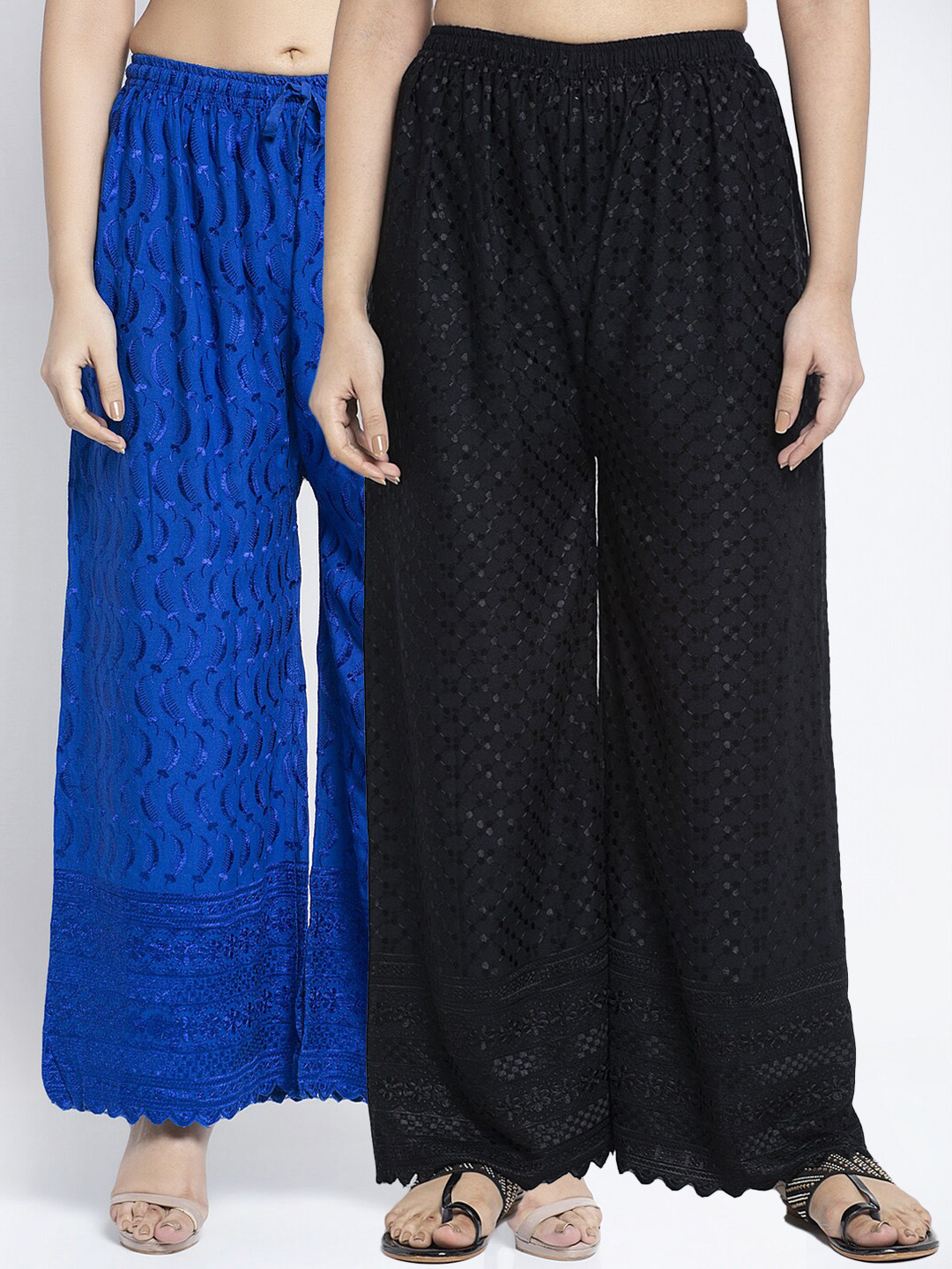 

Jinfo Women Pack of 2 Black & Blue Chikankari Embroidered Cotton Ethnic Palazzos