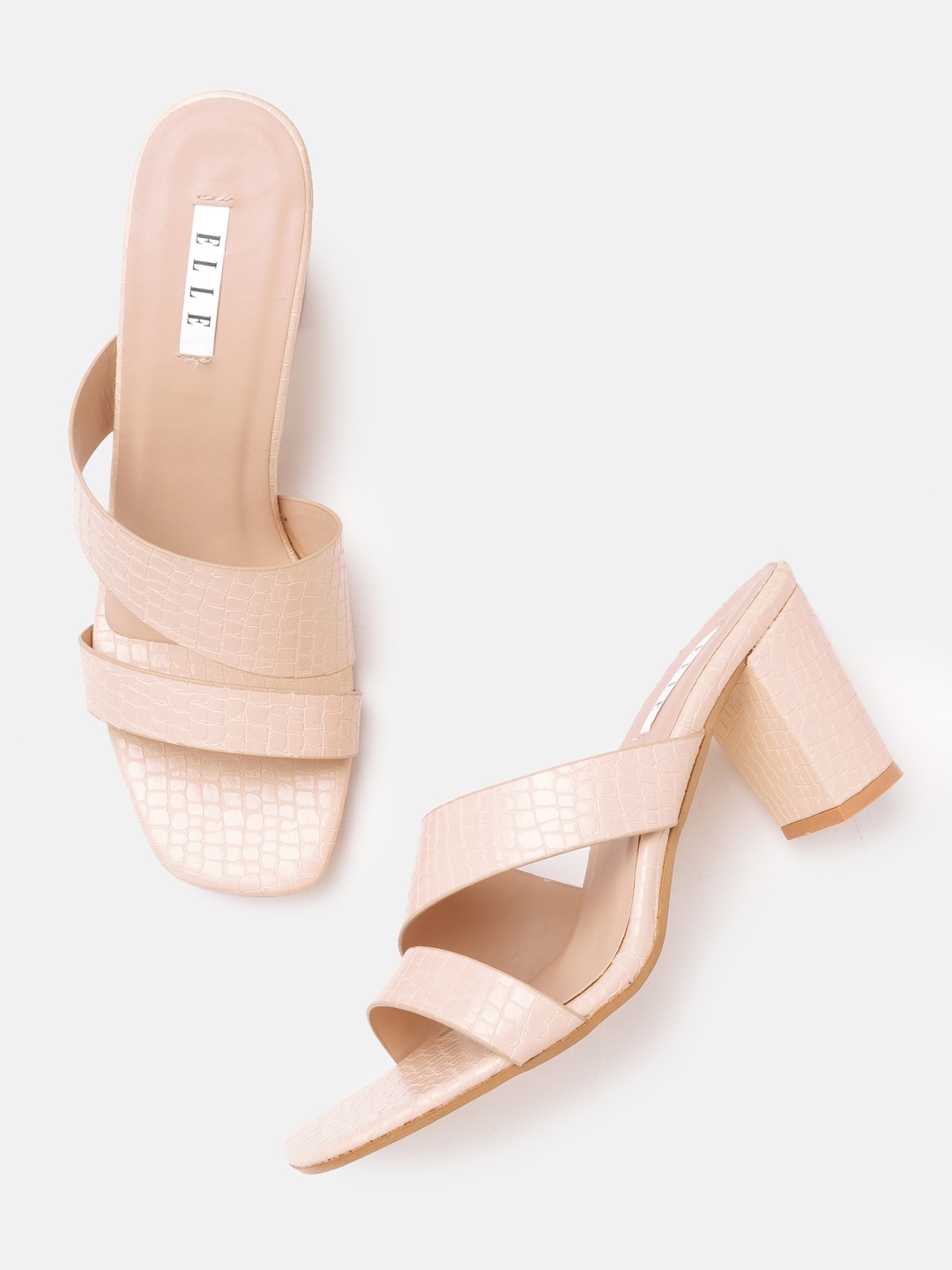 

ELLE Peach-Coloured Croc Textured Block Sandals