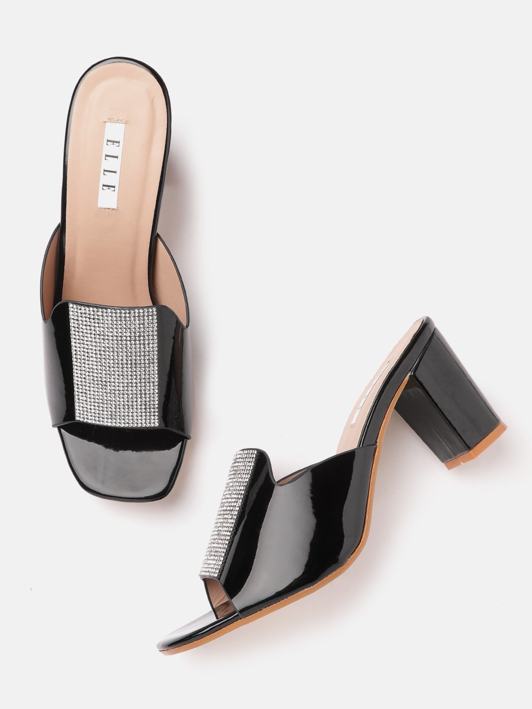 

ELLE Black & Silver-Toned Embellished Block Heels