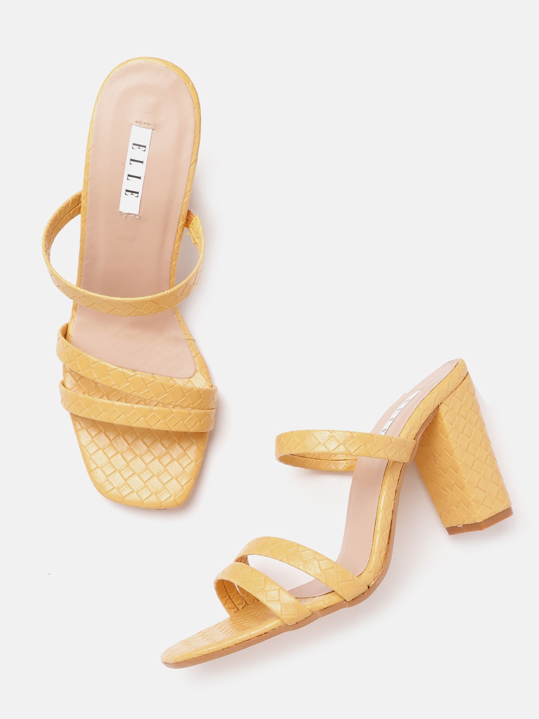 

ELLE Mustard Yellow Basketweave Textured Block Heels