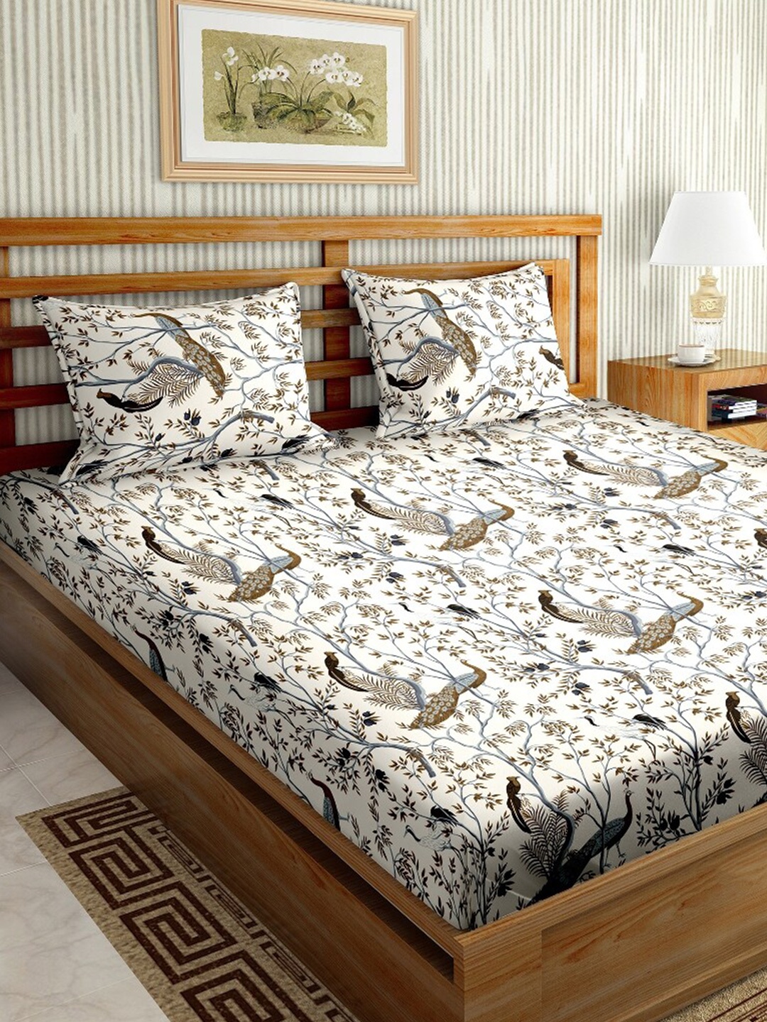 

BELLA CASA White & Brown Graphic 180 TC King Bedsheet with 2 Pillow Covers