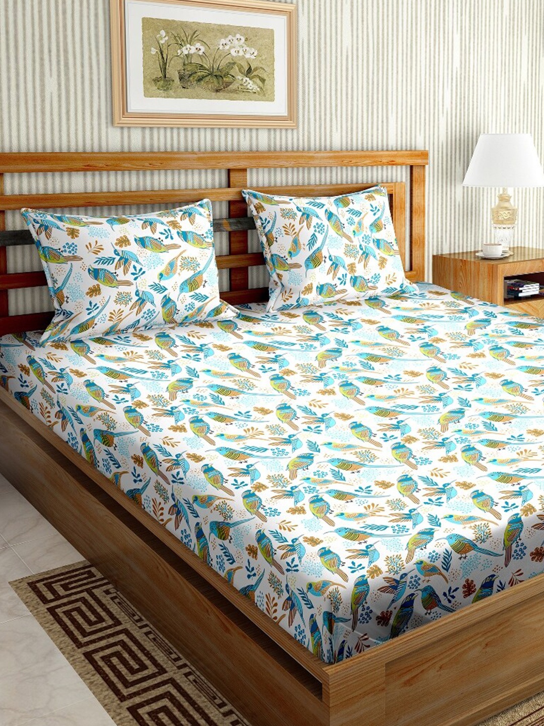 

BELLA CASA White & Blue Ethnic Motifs 180 TC Cotton King Bedsheet with 2 Pillow Covers