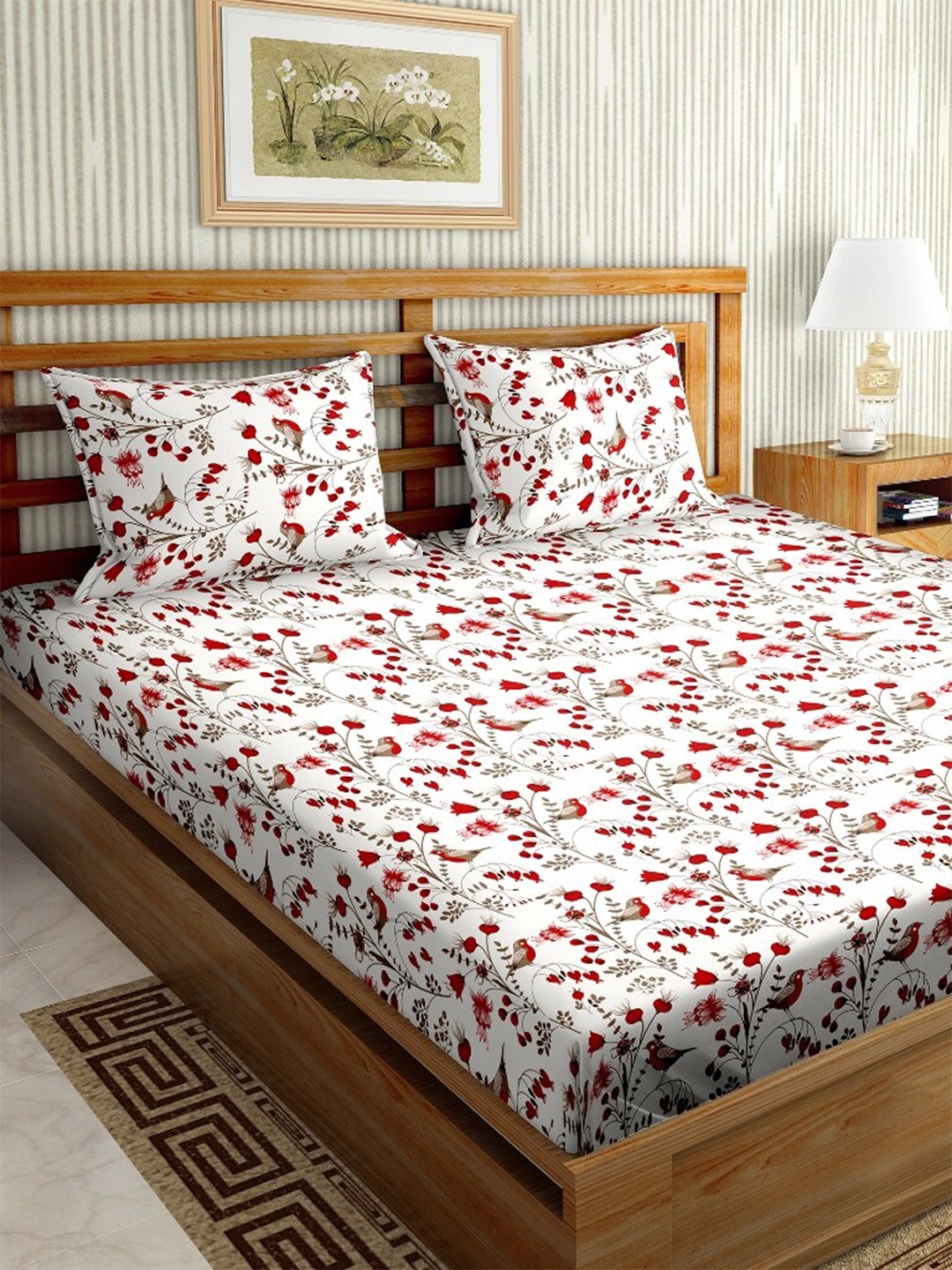 

BELLA CASA White & Red Graphic 180 TC King Bedsheet with 2 Pillow Covers