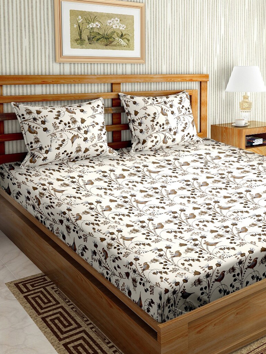 

BELLA CASA Brown & Off White 180 TC King Bedsheet with 2 Pillow Covers