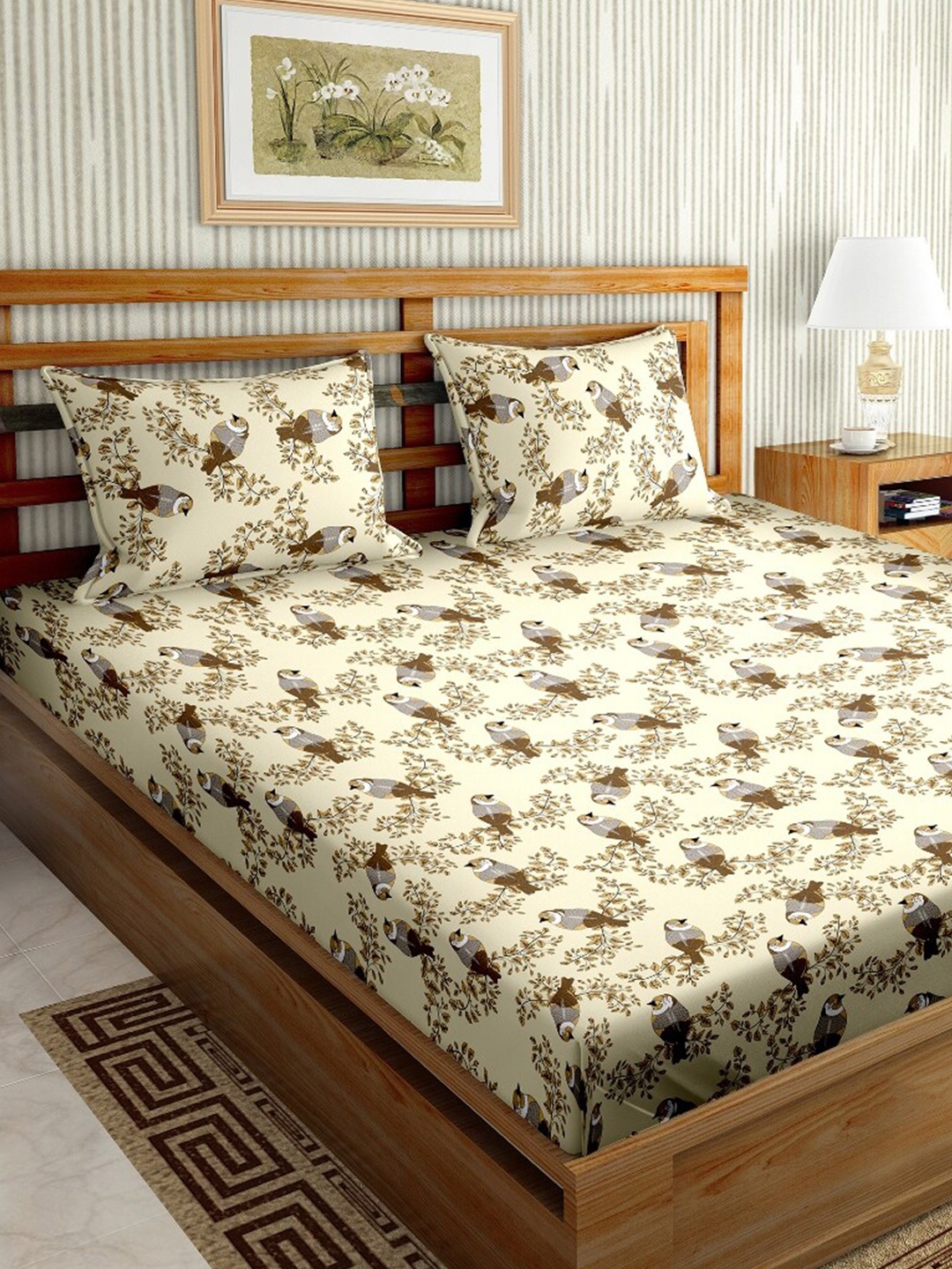 

BELLA CASA Brown & Grey Floral 180 TC Cotton King Bedsheet with 2 Pillow Covers