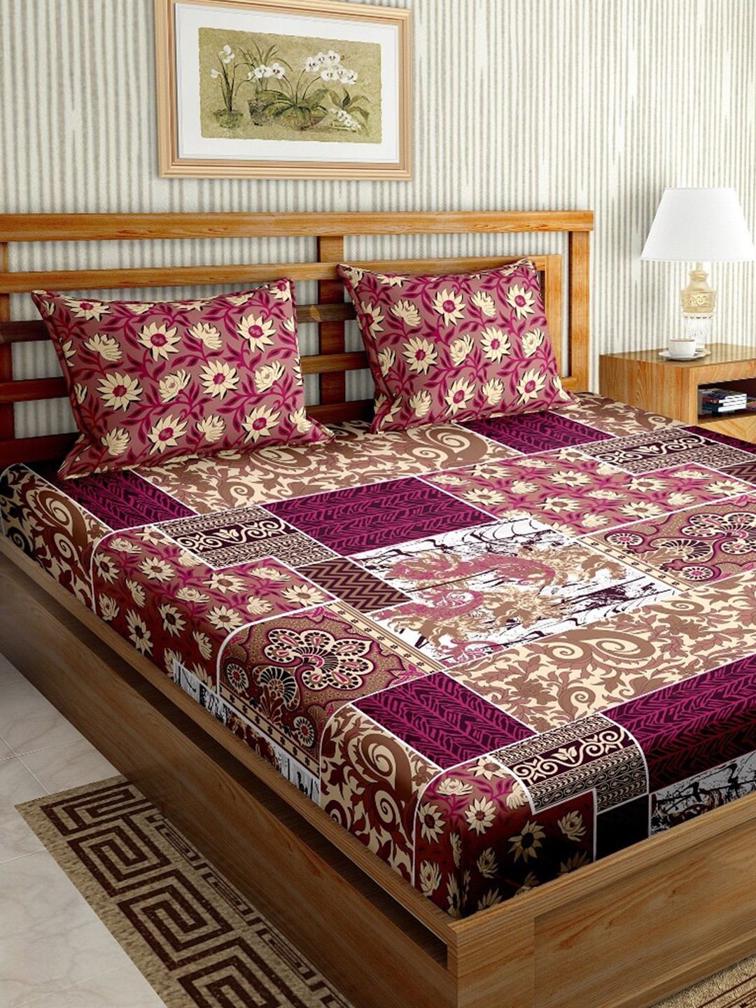 

BELLA CASA Pink & Cream Floral 180 TC King Bedsheet with 2 Pillow Covers