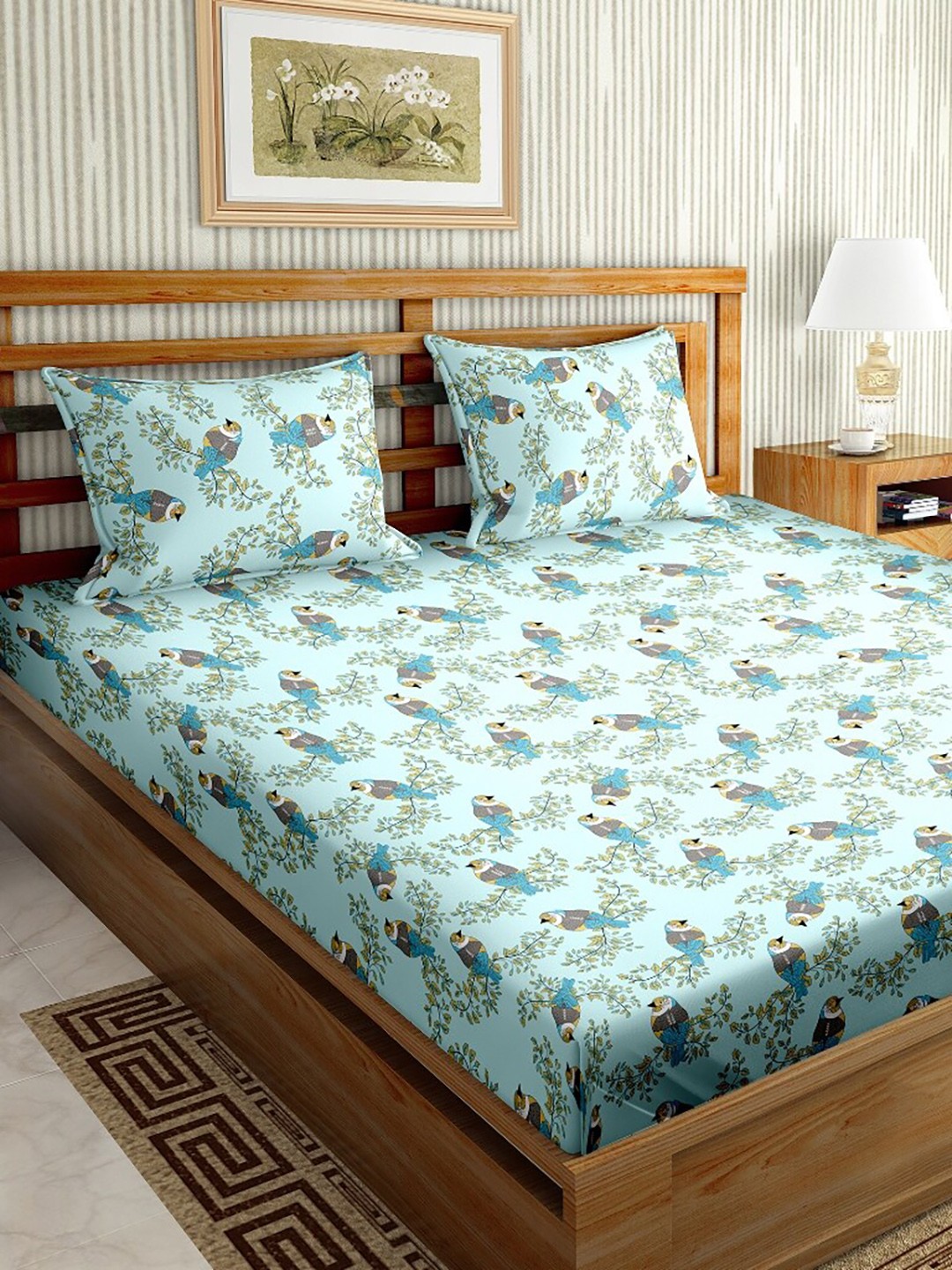 

BELLA CASA Blue & Beige Graphic 180 TC King Bedsheet with 2 Pillow Covers