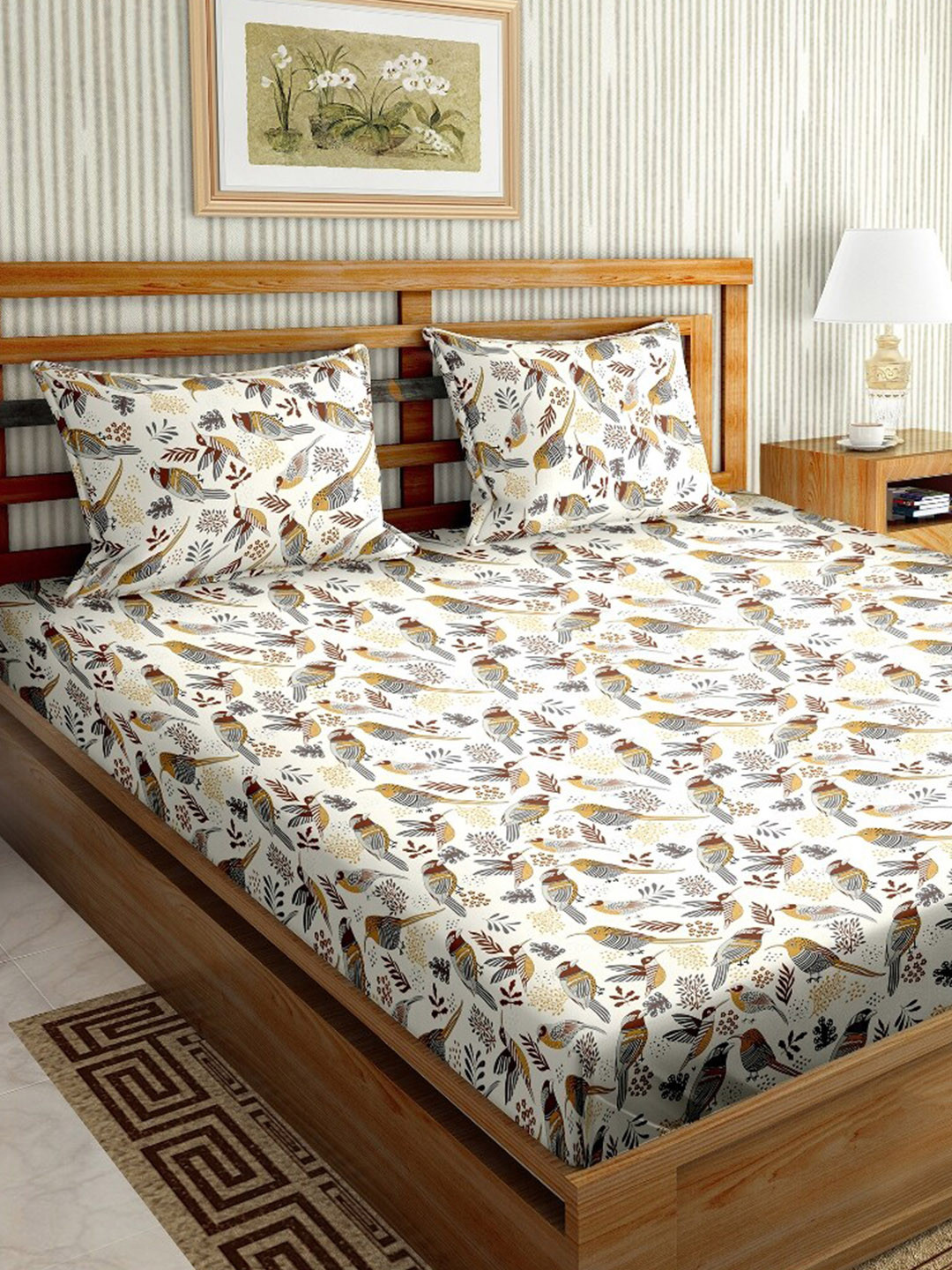 

BELLA CASA Brown & Mustard Graphic 184 TC King Bedsheet With 2 Pillow Covers
