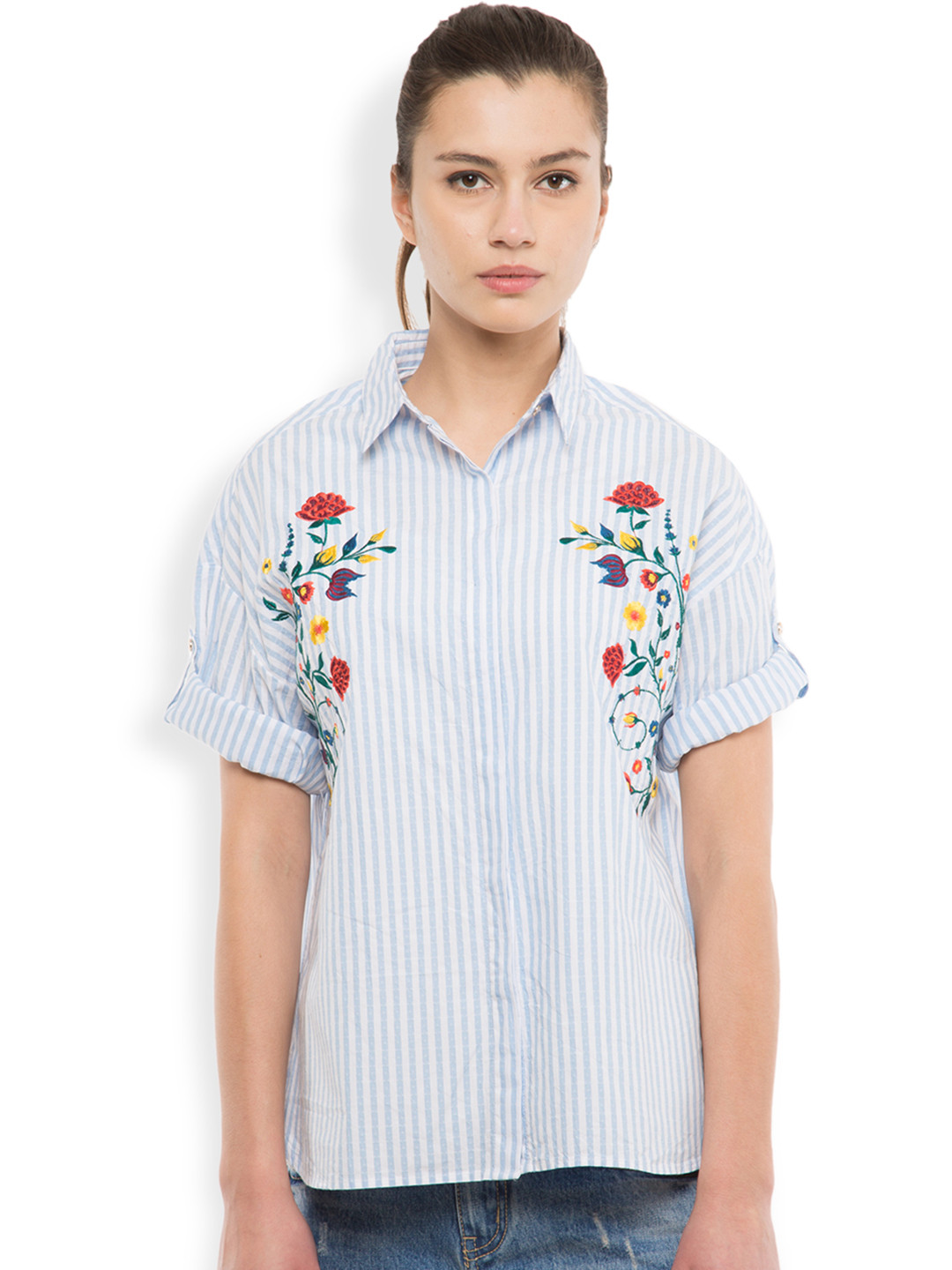 

Tokyo Talkies Women White Classic Fit Striped Casual Shirt