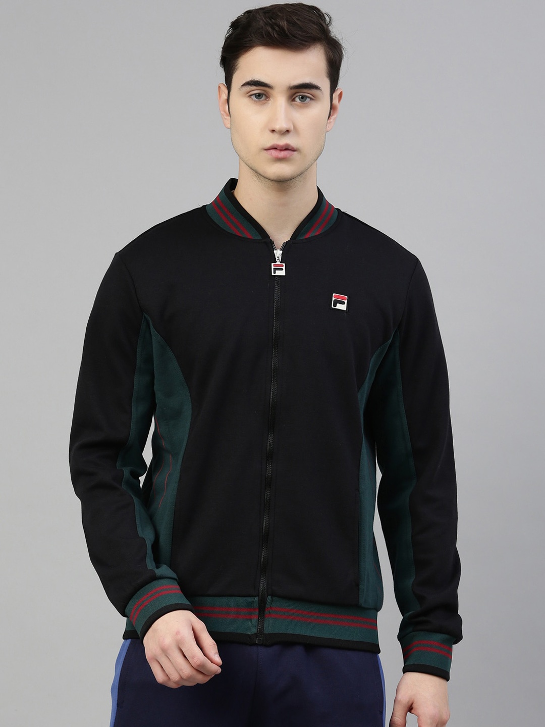 

FILA Men Black Green Colourblocked Running Sporty Jacket