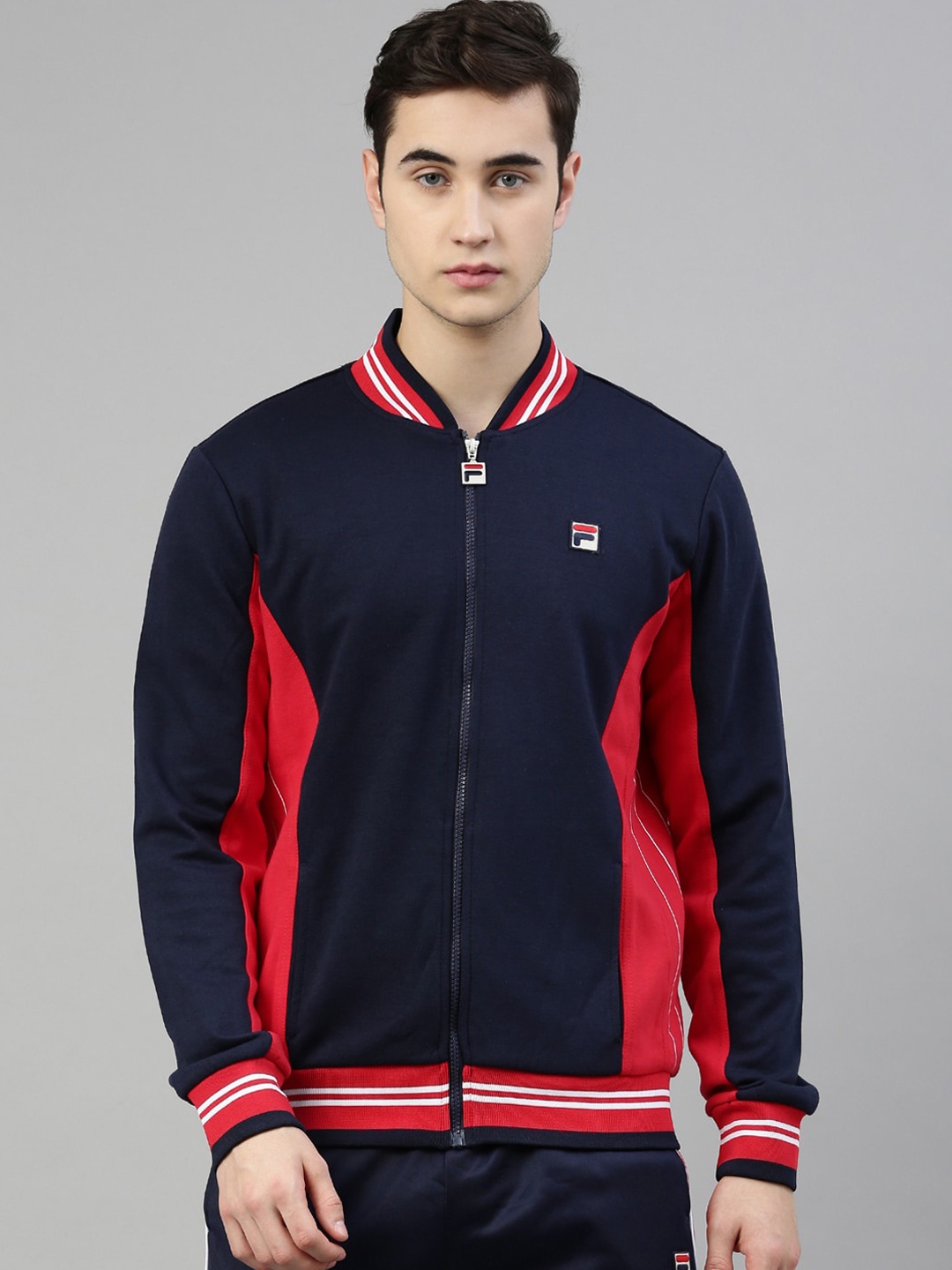 

FILA Men Blue Red Colourblocked Running Cotton Bomber Jacket