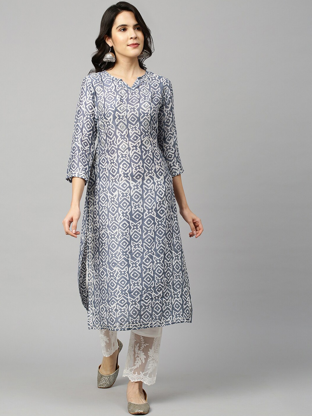 

FASHOR Women Grey & White Ethnic Motifs Printed Straight Kurta