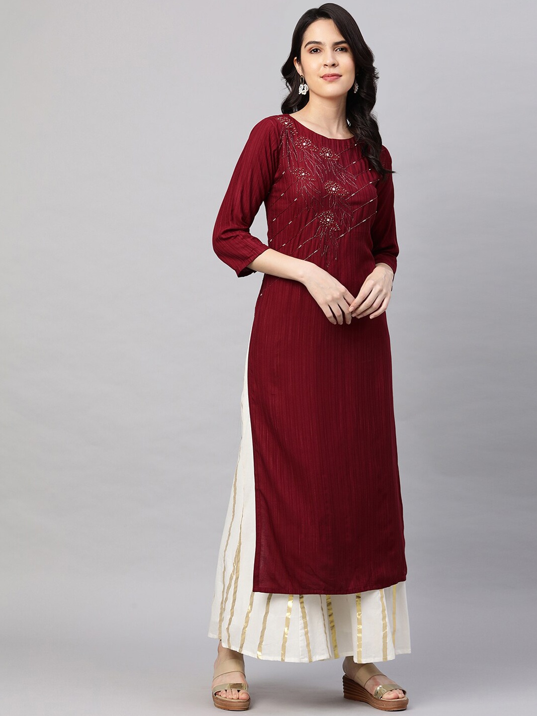 

FASHOR Women Maroon Striped Kurta