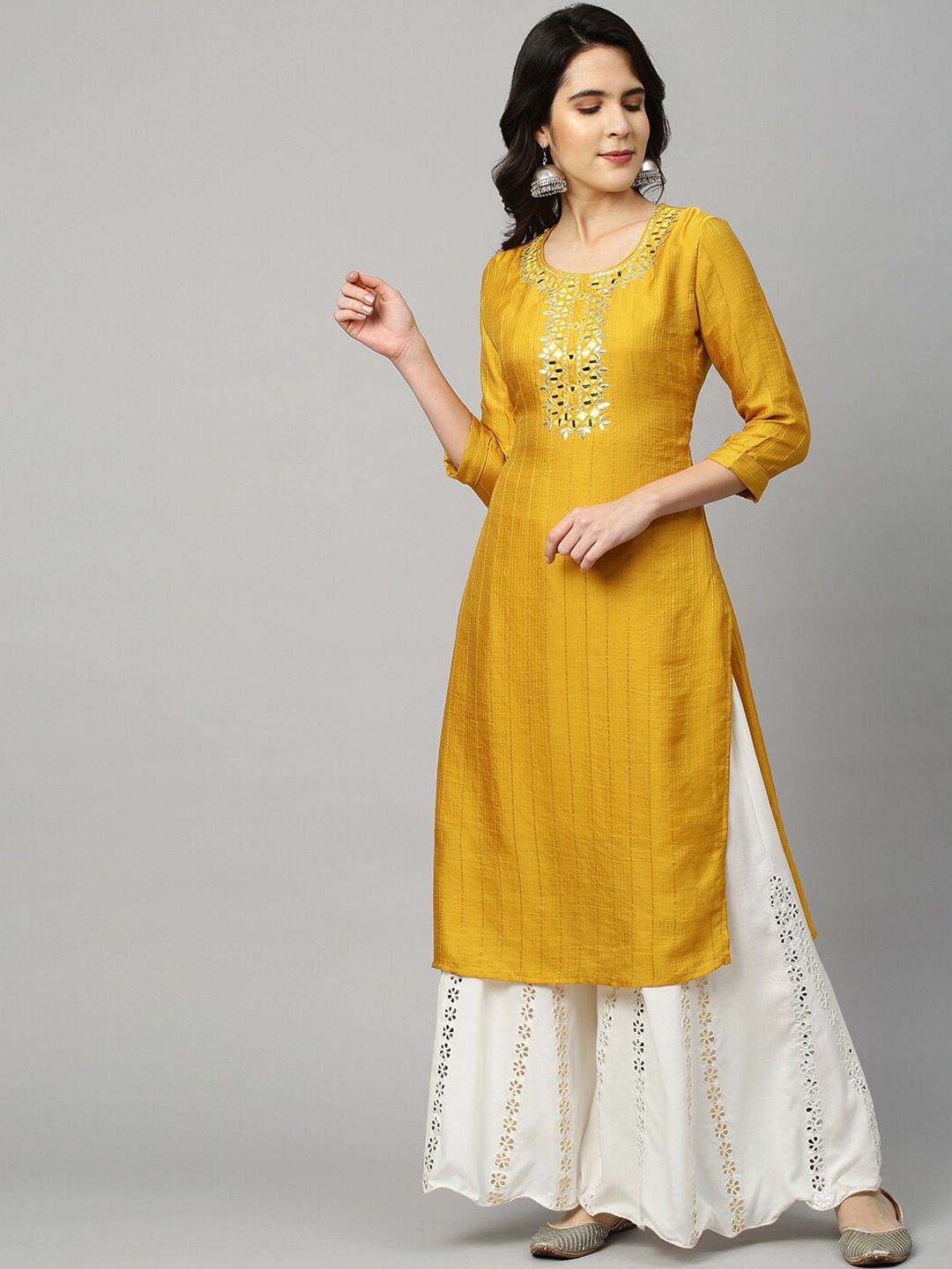 

FASHOR Women Mustard Yellow Ethnic Motifs Yoke Design Kurta