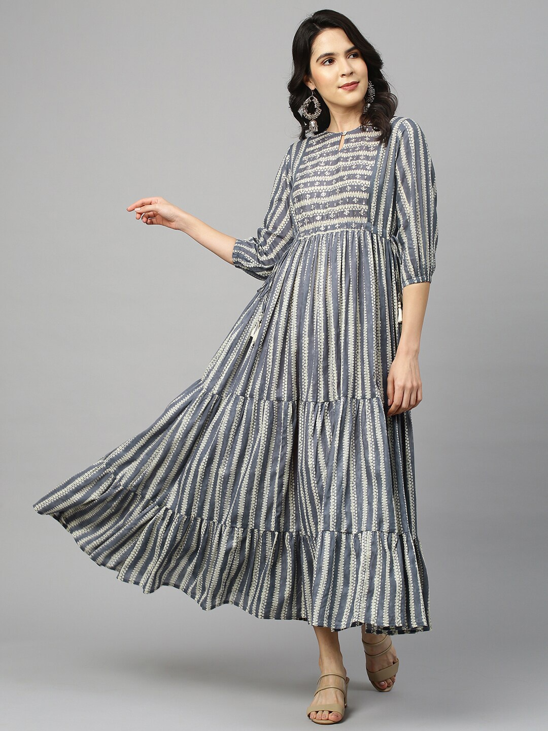 

FASHOR Charcoal Grey & Off White Cotton Striped Keyhole Neck Tiered Maxi Dress