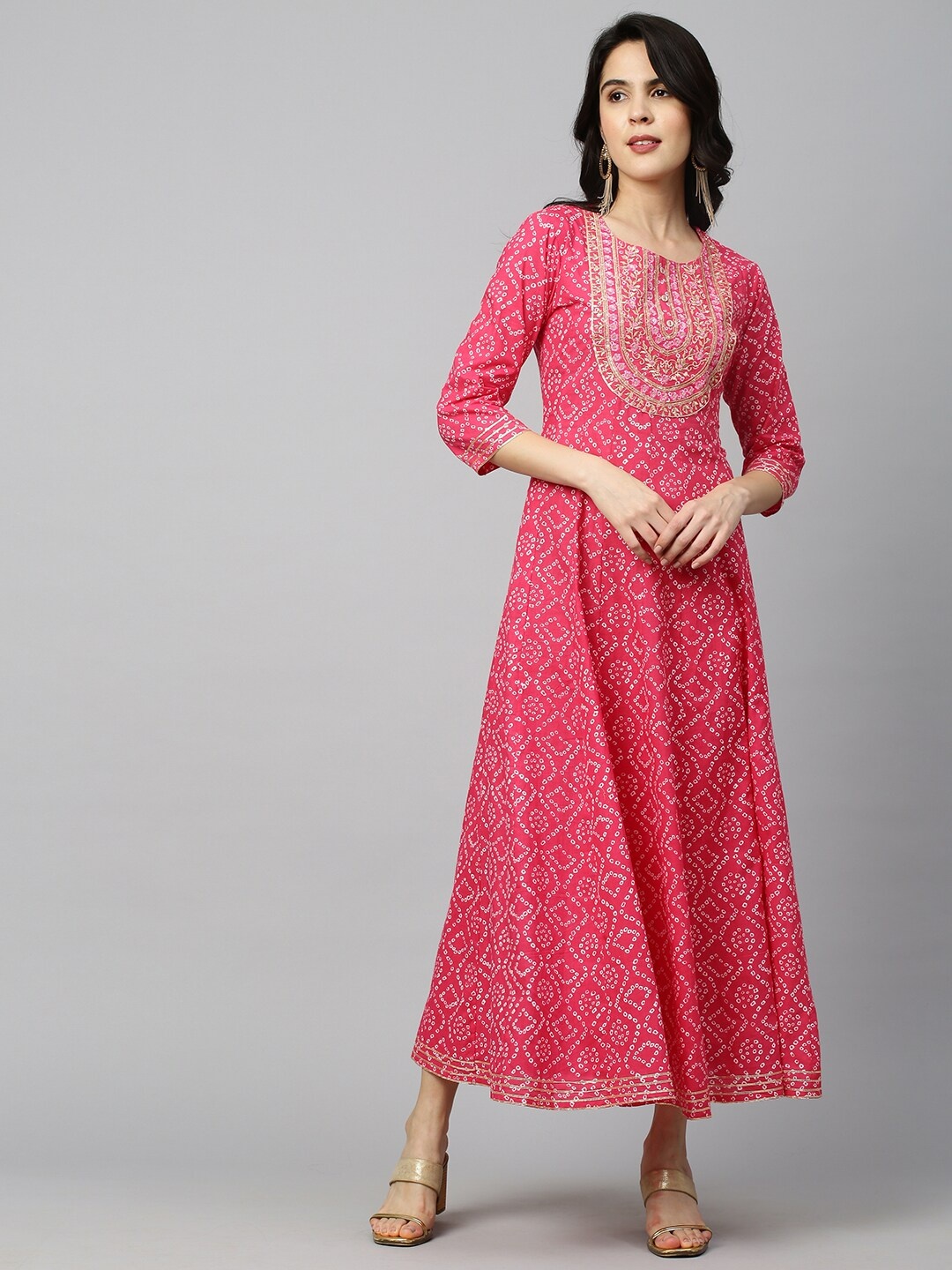 

FASHOR Women Pink & White Pure Cotton Bhandani Printed Ethnic Maxi Dress
