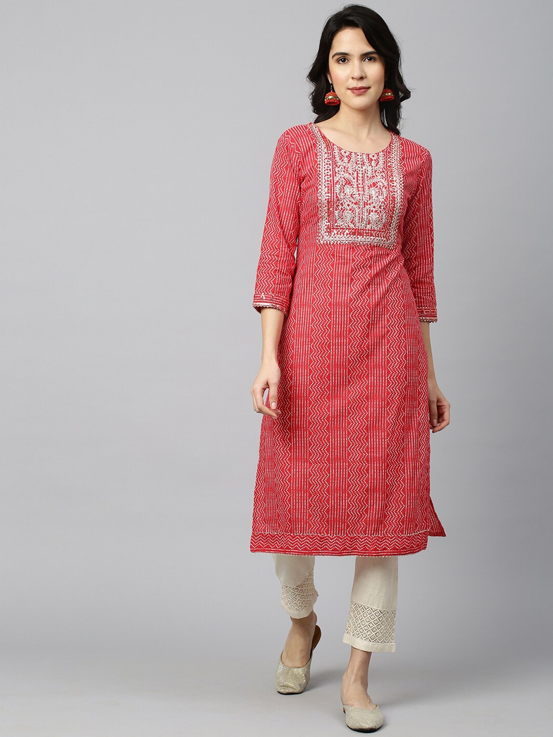 

FASHOR Women Red & White Geometric Printed Thread Work Kurta