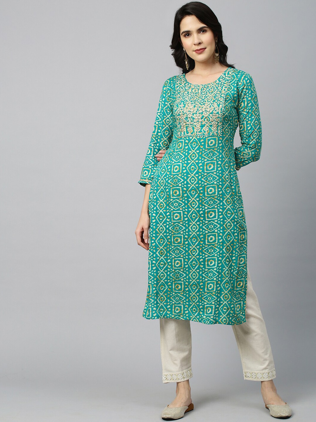 

FASHOR Women Sea Green & Beige Ethnic Motifs Printed Kurta