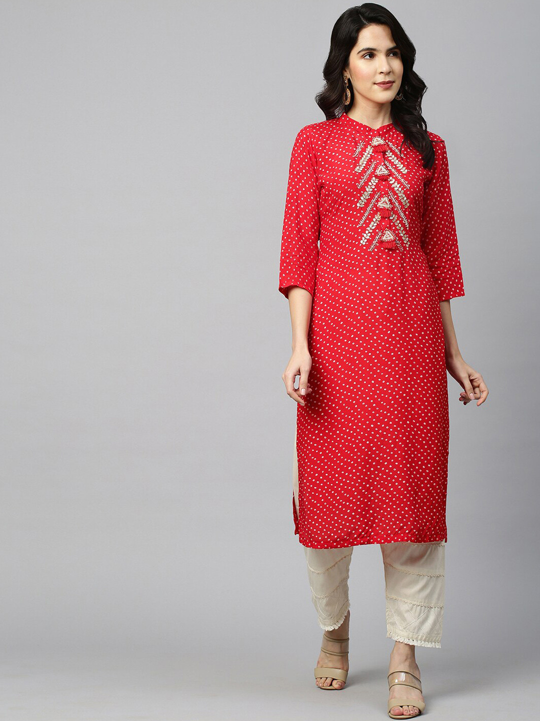 

FASHOR Women Red & White Geometric Printed Kurta