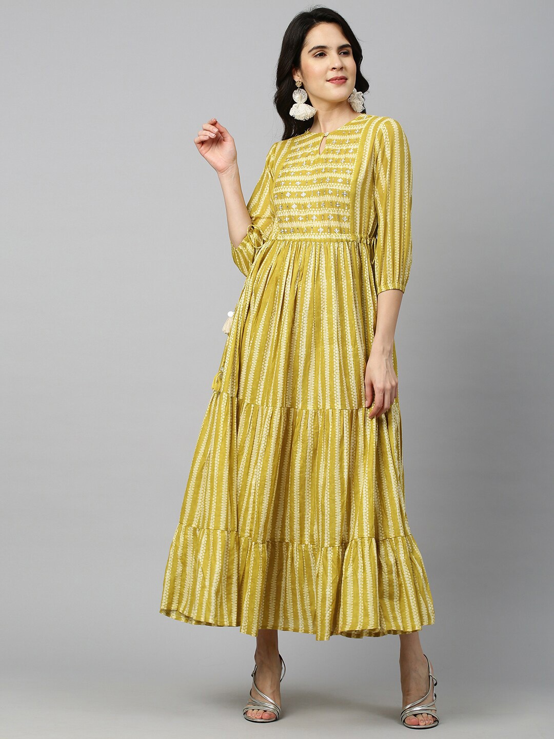 

FASHOR Women Yellow & White Pure Cotton Striped Keyhole Neck A-Line Midi Dress